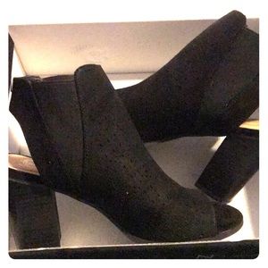 Black suede peep toe booties